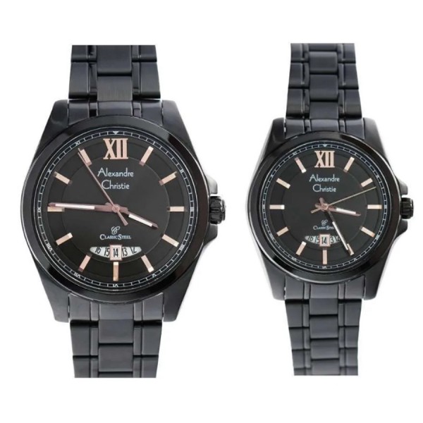 Alexandre Christie AC 8659 Full Black Rosegold Steel Couple